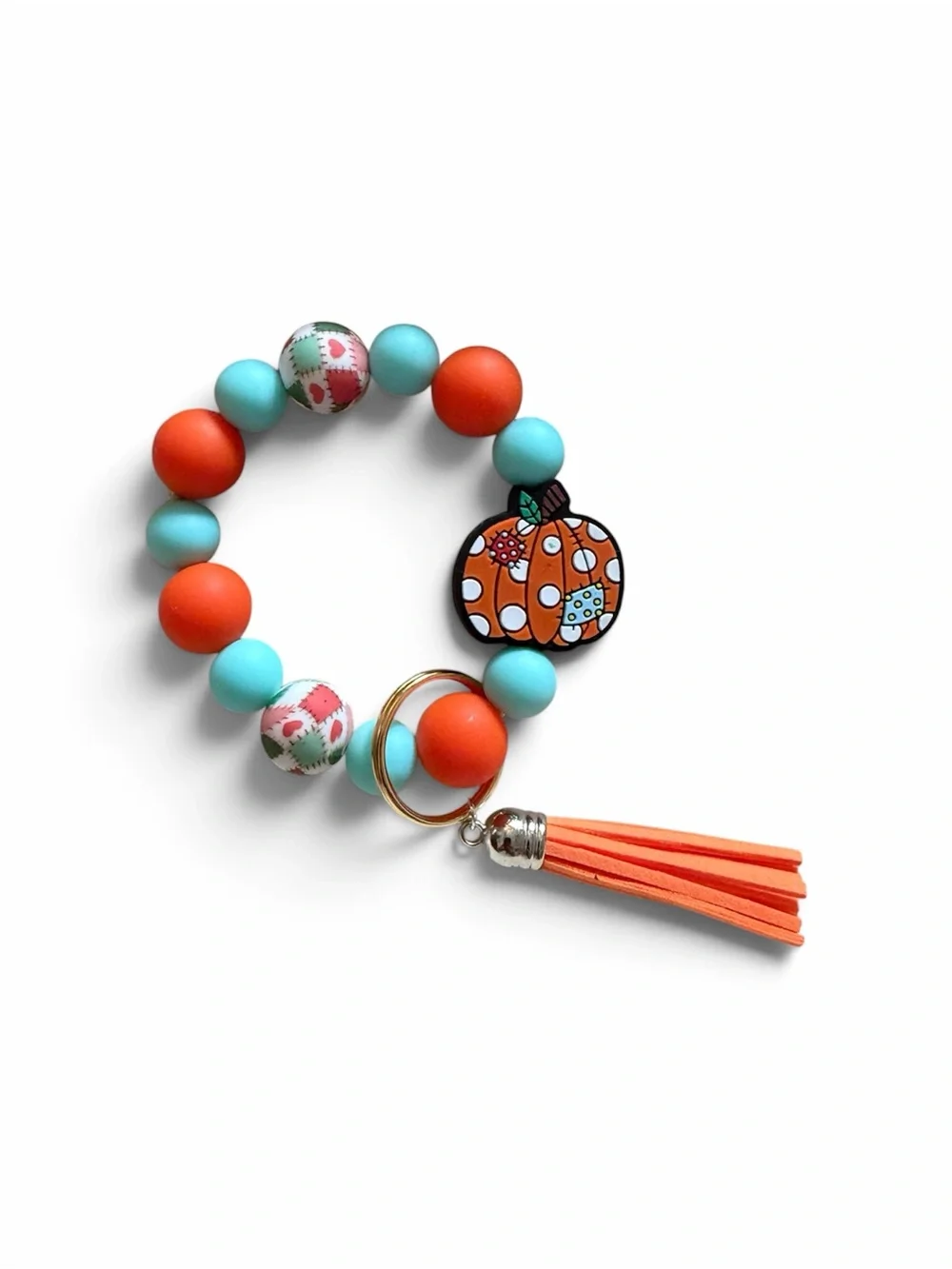 Kids Pumpkin Beaded Keyring Bracelet - Orange & Turquoise